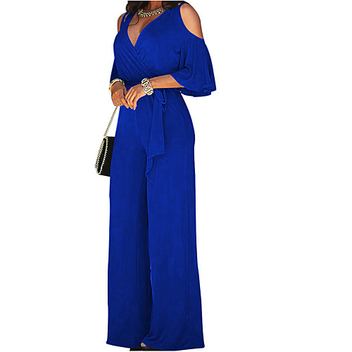 

Women's Party Wide Leg Black Wine Royal Blue Jumpsuit Solid Colored Cut Out