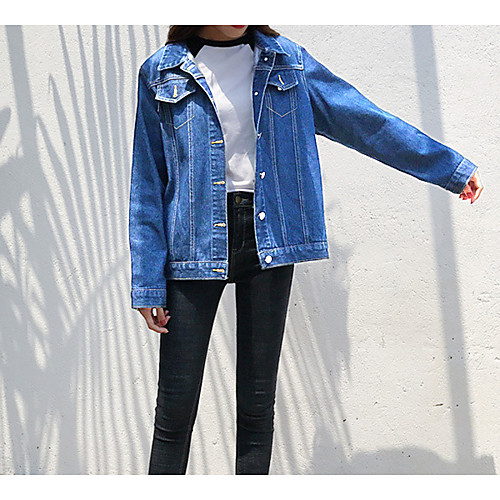 

Women's Solid Colored Pleated Vintage Spring Denim Jacket Regular Daily Long Sleeve Acrylic Coat Tops Blue