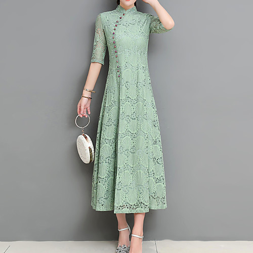 

Women's Sheath Dress Midi Dress Red Green Brown Gray Half Sleeve Solid Colored Split Print Spring Stand Collar Vintage Chinoiserie S M L XL XXL 3XL