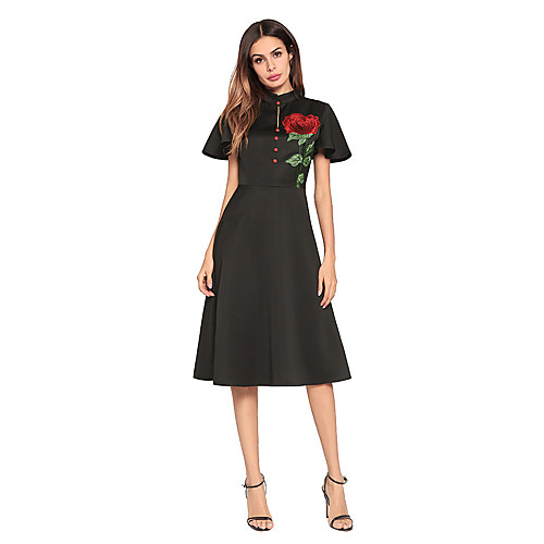 

Women's A Line Dress Knee Length Dress White Black Red Short Sleeve Black Floral Spring Summer Stand Collar Basic Streetwear Cotton S M L XL XXL