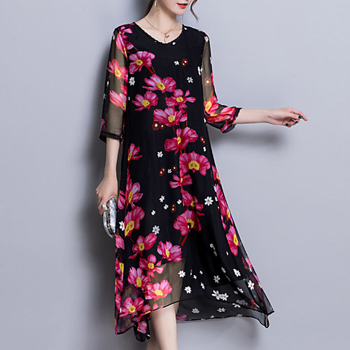 

Women's Loose Midi Dress Black 3/4 Length Sleeve Floral Print Spring V Neck Sophisticated M L XL XXL 3XL / Plus Size