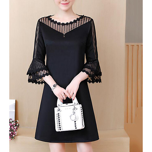 

Women's Shift Dress Short Mini Dress Black 3/4 Length Sleeve Black Color Block Lace Spring Summer Round Neck Streetwear L XL XXL 3XL 4XL 5XL / Plus Size