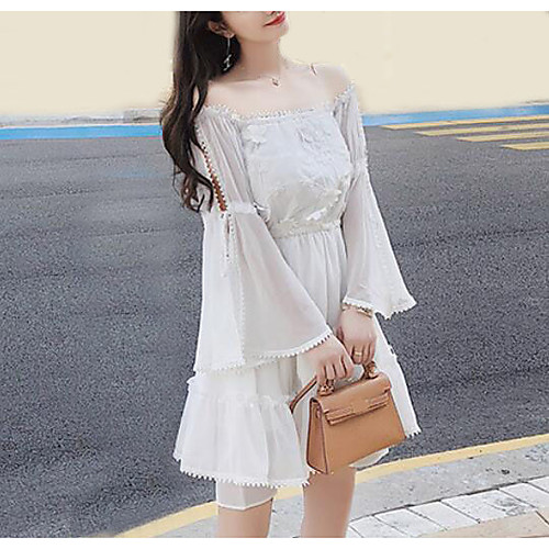 

Women's A Line Dress Short Mini Dress White Long Sleeve Solid Colored Summer Boat Neck Streetwear S M L XL