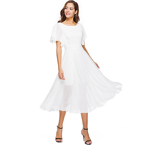 

Women's Chiffon Dress Midi Dress White Short Sleeve White Solid Colored Summer Round Neck Basic Boho Holiday Beach Batwing Sleeve Slim S M L XL / High Waist