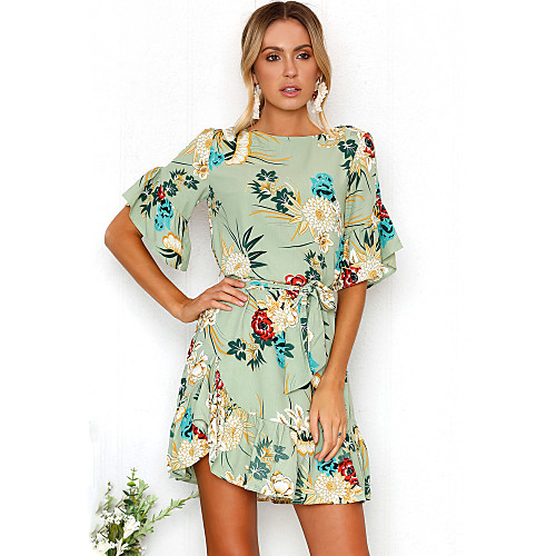 

Women's Short Mini Dress Black Red Yellow Light Green Short Sleeve Floral Ruffle Print Summer Round Neck Boho Going out Beach Flare Cuff Sleeve Ruffle S M L XL