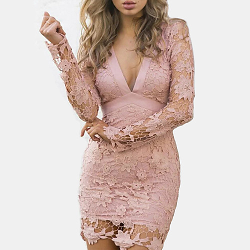 

Women's Mini Dusty Rose Bodycon Dress - Long Sleeve Solid Colored Lace Backless Cut Out Spring Summer V Neck Street chic Homecoming Cocktail Party Slim High Waist Lace Black Blushing Pink S M L XL