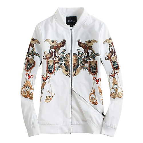 

Men's Contemporary Print Fall Jacket Regular Daily Long Sleeve Polyester Coat Tops White