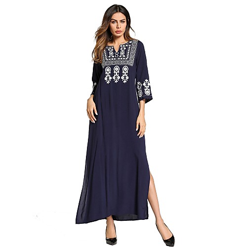 

Women's Loose Maxi long Dress Navy Blue 3/4 Length Sleeve Color Block Basic Spring V Neck Oversized M L XL XXL