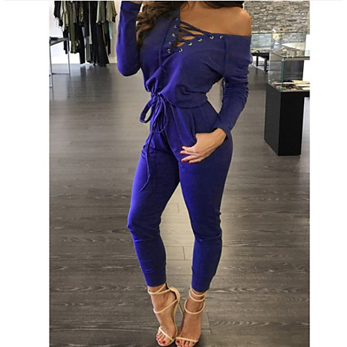 

Women's Casual Streetwear Daily Holiday Going out Shirt Collar Satin Blushing Pink Navy Blue Jumpsuit Solid Colored