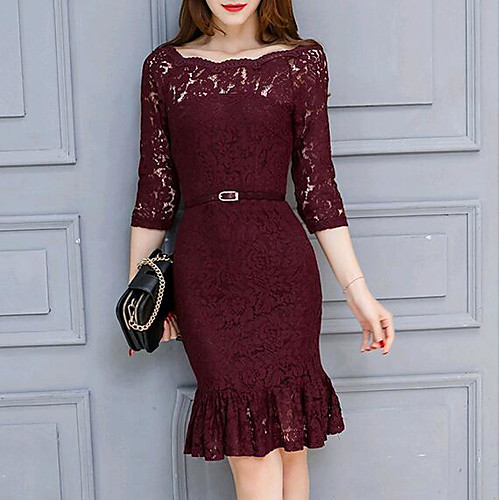 

Women's Bodycon Short Mini Dress Black Wine 3/4 Length Sleeve Solid Colored Lace Spring Round Neck Cotton Ruffle S M L XL XXL
