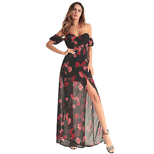 

Women's Chiffon Dress Maxi long Dress Black Short Sleeve Floral Split Mesh Print Spring Summer Off Shoulder Cotton Off Shoulder S M L XL XXL