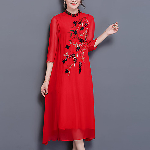 

Women's A Line Dress Midi Dress Black Red 3/4 Length Sleeve Solid Colored Embroidered Spring Summer Crew Neck Streetwear Sophisticated S M L XL XXL