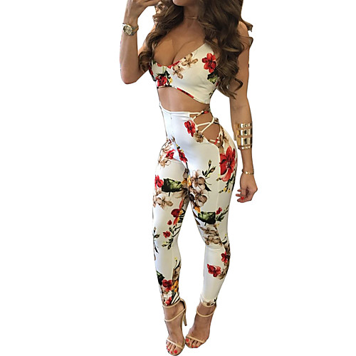 

Women's Daily V Neck Floral White Skinny Bodysuit Floral Print Butterfly Sleeves / Sexy