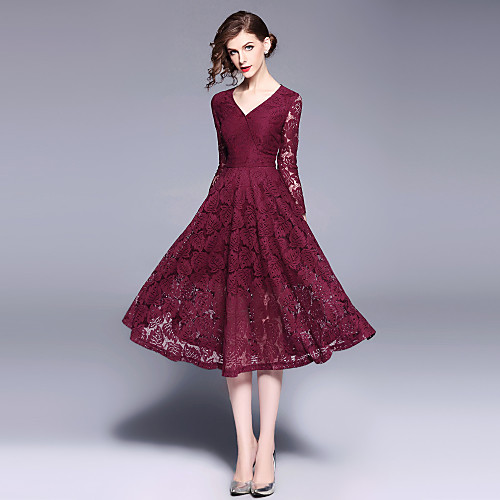 

Women's Swing Dress Midi Dress Wine 3/4 Length Sleeve Solid Colored Lace Spring Summer V Neck Streetwear Work Lace S M L XL / High Waist