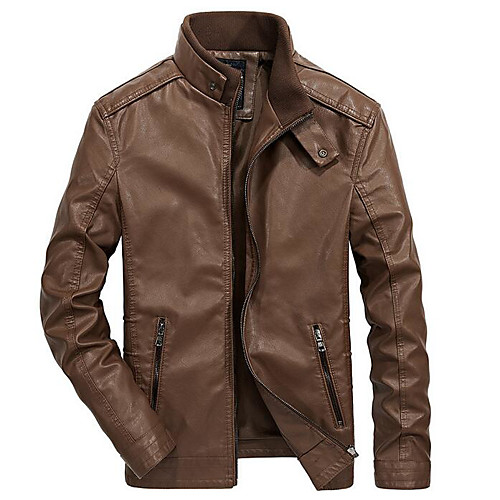 

Men's Daily Spring Regular Leather Jacket, Solid Colored Stand Long Sleeve PU Brown / Black