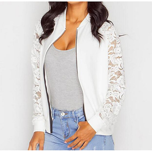 

Women's Solid Colored Lace Spring Jacket Regular Daily Long Sleeve Cotton Coat Tops White