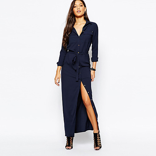 

Women's Shirt Dress Maxi long Dress Navy Blue Long Sleeve Solid Colored Split Spring V Neck Split S M L XL XXL
