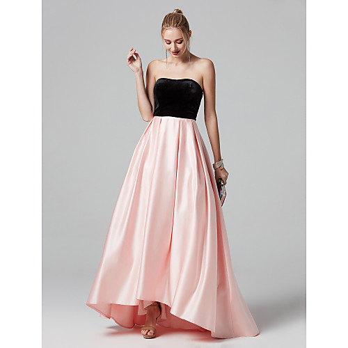 

A-Line Color Block Prom Formal Evening Dress Strapless Sleeveless Asymmetrical Satin Velvet with Pleats 2021