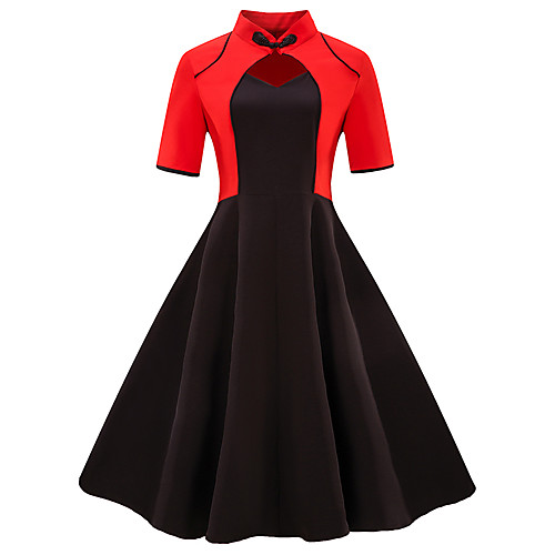 

Women's Sheath Dress Knee Length Dress Black Red Short Sleeve Black & Red Color Block Fall Summer V Neck Basic Vintage S M L XL XXL 3XL 4XL / Plus Size