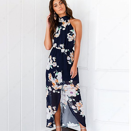 

Women's Chiffon Dress Knee Length Dress Blue Sleeveless Floral Print Summer Halter Neck Party Club Floral S M L XL / Sexy