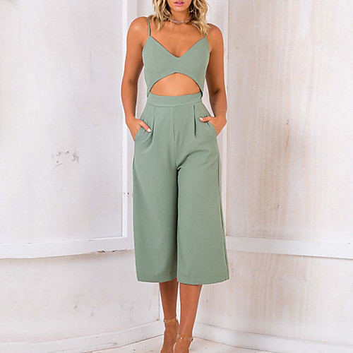 

Women's Daily Deep V Black Light Green Jumpsuit Solid Colored Backless Cut Out / Sexy