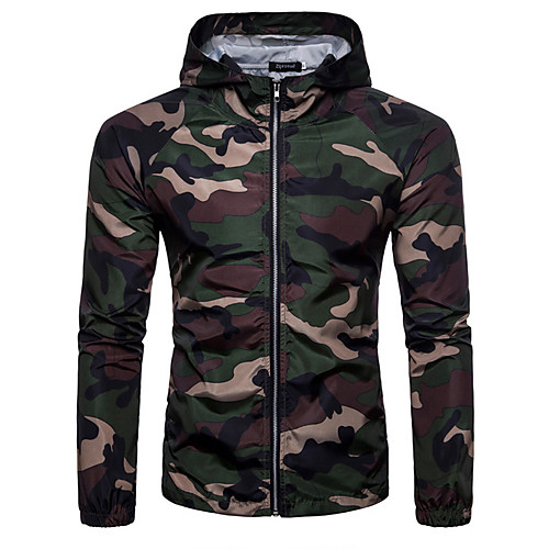 

Men's Daily / Sports Voiles & Sheers / Military Spring / Summer Regular Jacket, Camo / Camouflage Hooded Long Sleeve Polyester White / Army Green / Khaki