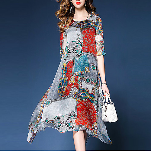 

Women's Loose Midi Dress Rainbow Half Sleeve Geometric Print Spring Summer Round Neck Sophisticated M L XL XXL