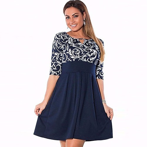 

Women's Loose Short Mini Dress Navy Blue 3/4 Length Sleeve Floral Spring Summer Round Neck Basic Cotton L XL XXL 3XL 4XL 5XL 6XL / Plus Size