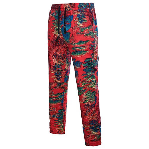 

Men's Chinoiserie Boho Plus Size Cotton Linen Holiday Going out Chinos Pants Floral Rainbow Full Length Ruched Black Red
