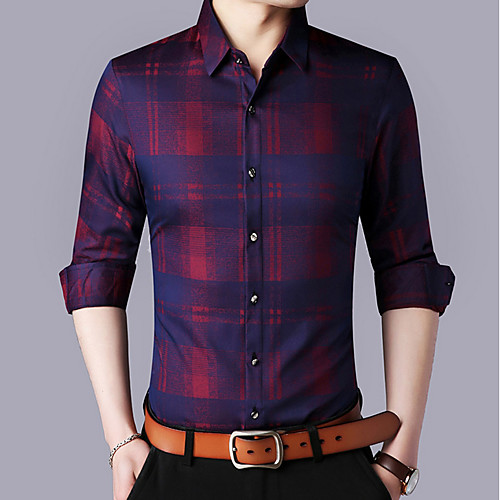 

Men's Shirt Plaid Print Long Sleeve Work Tops Blue Red