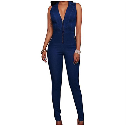 

Women's Active Party Daily Club V Neck Lace up Blue Skinny Jumpsuit Patchwork Solid Colored / Sexy