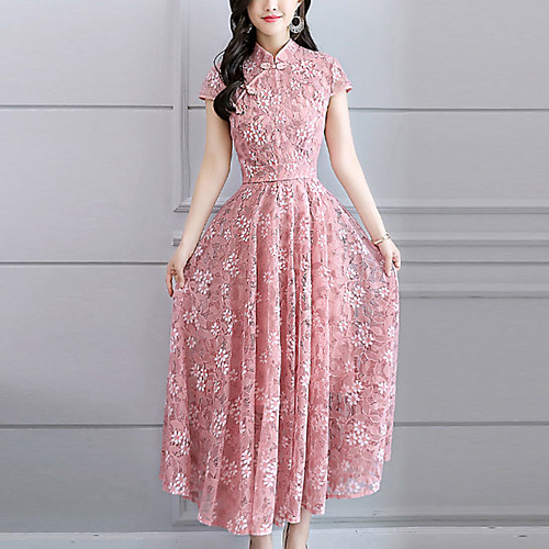 

Women's Sheath Dress Maxi long Dress Black Blushing Pink Brown Gray Short Sleeve Dusty Rose Solid Colored Lace Summer Stand Collar Lace M L XL XXL 3XL / Plus Size