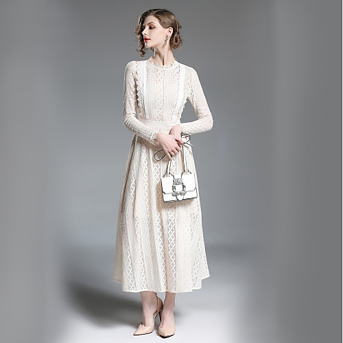 

Women's Sheath Dress Maxi long Dress Beige Long Sleeve Solid Colored Lace Spring Stand Collar Basic Going out Slim S M L XL XXL