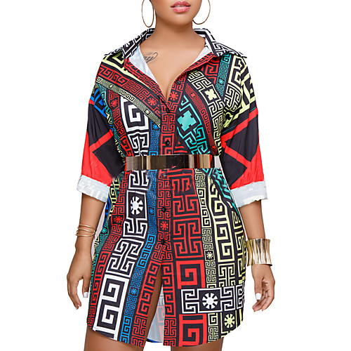 

Women's Shirt Dress Short Mini Dress Rainbow Half Sleeve Geometric Fall Spring Shirt Collar Basic S M L XL XXL 3XL / Plus Size