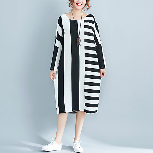 

Women's Loose Knee Length Dress Black Long Sleeve Striped Color Block Spring Round Neck Basic Batwing Sleeve Cotton Oversized L XL