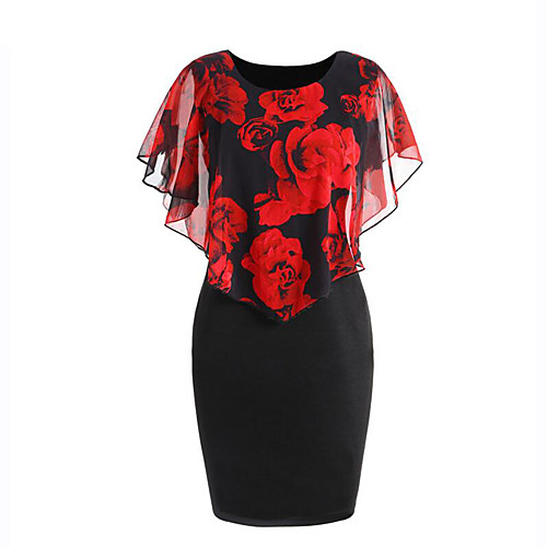 

Women's Bodycon Short Mini Dress Blue Red Blushing Pink Short Sleeve Floral Layered Fall Summer Round Neck Floral S M L XL XXL 3XL 4XL 5XL