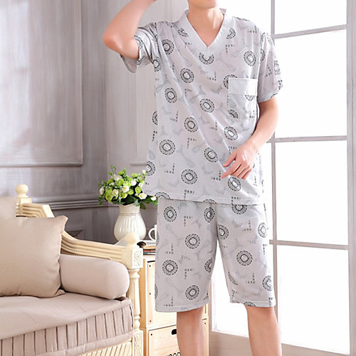 

Men's Deep V Suits Pajamas - Print, Floral / Spring / Summer