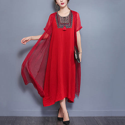 

Women's Loose Midi Dress Black Red Green Half Sleeve Red Solid Colored Embroidered Patchwork Summer Round Neck Chinoiserie Cotton Loose M L XL XXL