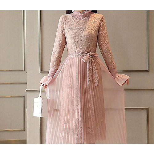 

Women's A Line Dress Maxi long Dress Blushing Pink Gray Long Sleeve Dusty Rose Solid Colored Lace Spring V Neck S M L XL