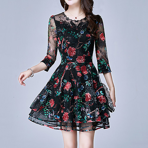 

Women's Sheath Dress Short Mini Dress Black 3/4 Length Sleeve Floral Embroidered Spring Summer Round Neck Sophisticated M L XL XXL 3XL 4XL / Plus Size