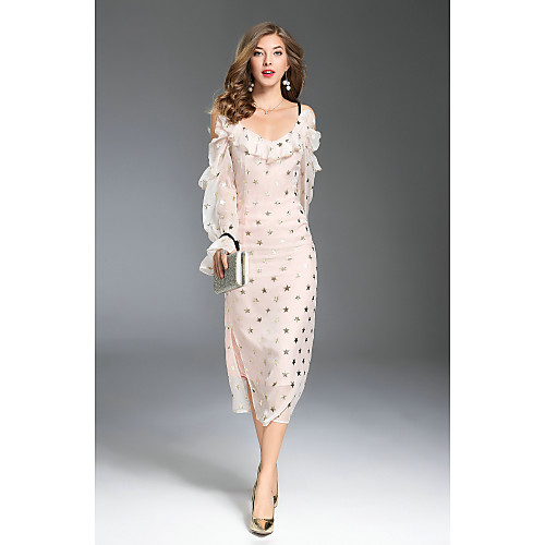 

Women's Sheath Dress Midi Dress Beige Long Sleeve Polka Dot Split Ruffle Print Summer Off Shoulder Party Going out Flare Cuff Sleeve Slim Off Shoulder S M L XL / Sexy