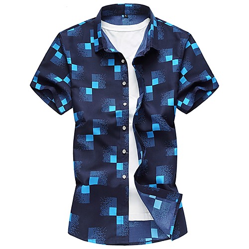 

Men's Shirt Plaid Short Sleeve Daily Tops White Navy Blue Light Blue