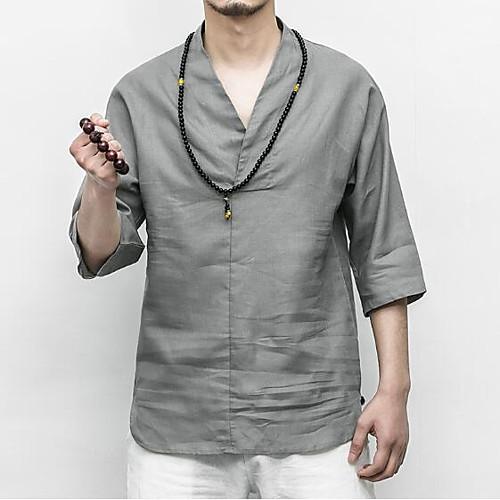 

Men's Graphic Solid Colored T-shirt - Linen Chinoiserie Daily Holiday V Neck White / Blue / Beige / Gray / Summer