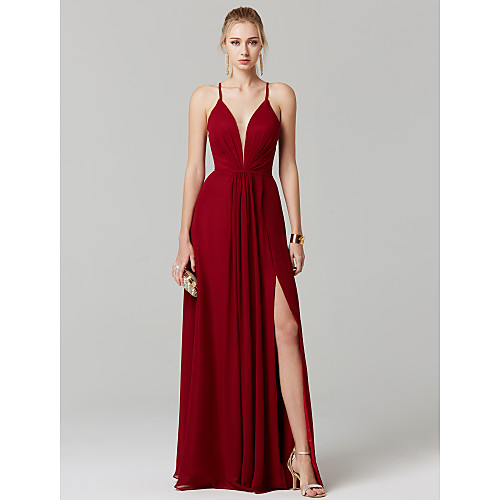 

Sheath / Column Chic & Modern Beautiful Back Minimalist Prom Formal Evening Dress Plunging Neck Sleeveless Floor Length Chiffon with Pleats Split Front 2021