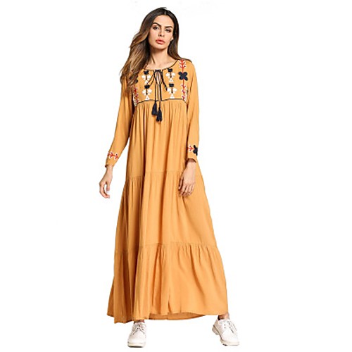 

Women's Loose Maxi long Dress Yellow Long Sleeve Floral Embroidered Basic Spring Round Neck Oversized Boho Bohemia Beach M L XL XXL