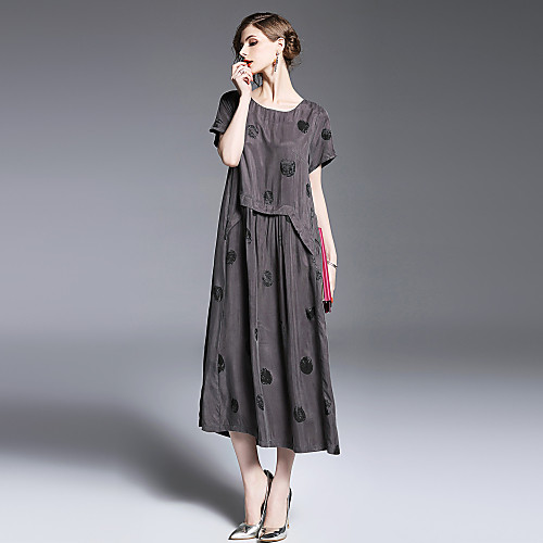 

Women's Loose Midi Dress Gray Short Sleeve Polka Dot Print Spring Summer Round Neck Streetwear Holiday Loose S M L XL