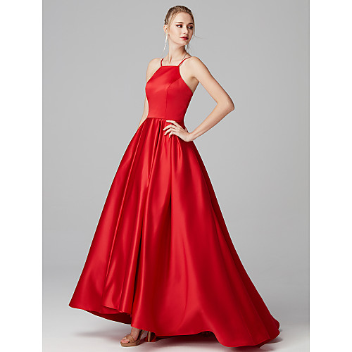 

Ball Gown Minimalist Elegant High Low Prom Formal Evening Dress Y Neck Sleeveless Sweep / Brush Train Satin with Pleats 2021