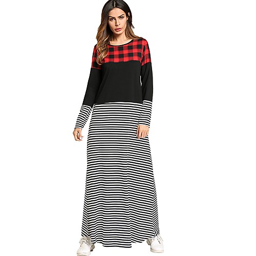 

Women's Loose Maxi long Dress Black Long Sleeve Striped Fall Spring Round Neck Basic Boho M L XL XXL