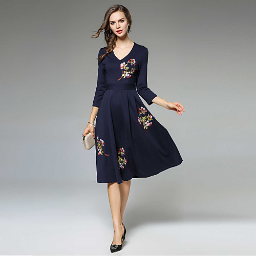 

Women's A Line Dress Midi Dress Blue Yellow 3/4 Length Sleeve Floral Embroidered Spring V Neck Streetwear Party Belt Not Included Slim S M L XL XXL