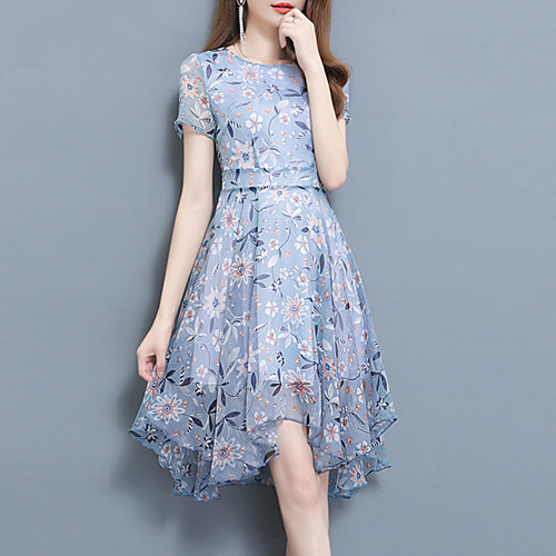 

Women's Sheath Dress Knee Length Dress Royal Blue Light Blue Short Sleeve Blue Floral Print Summer Round Neck Streetwear Sophisticated M L XL XXL 3XL / Plus Size